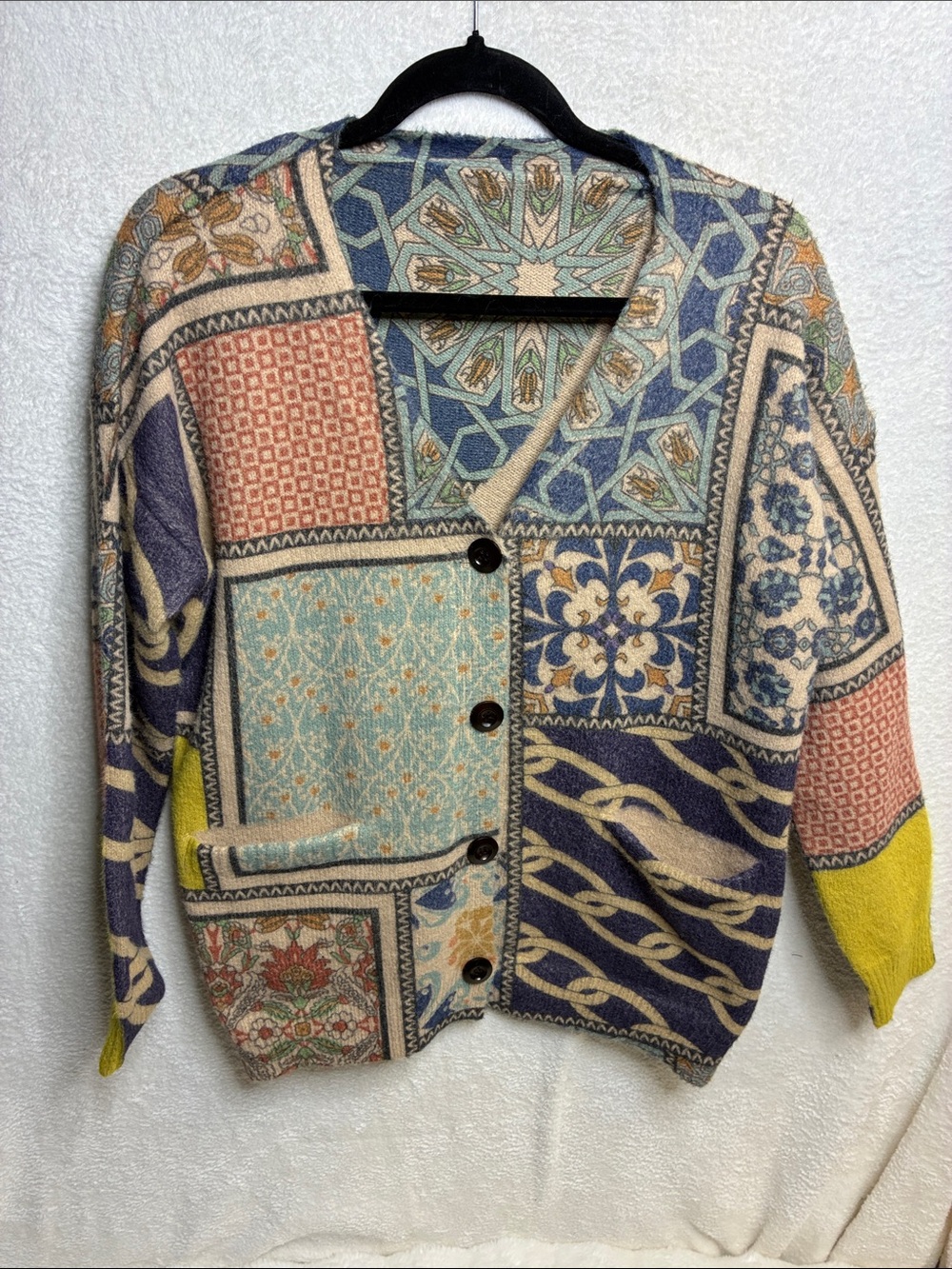 Patchwork Pattern V-Neck Button Cardigan Sweater - Multicolor